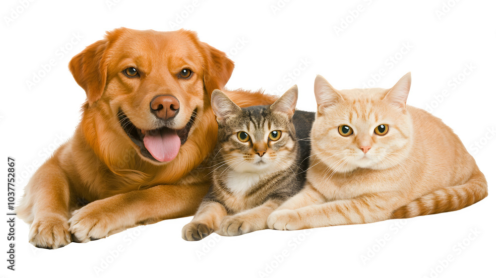 Friendly Dog and Cats Together on White Background, transparent bg Friendly Dog and Cats Together on White Background, transparent bg