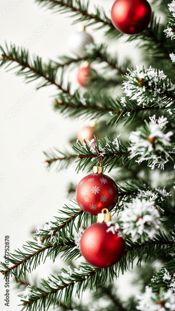 red ornaments artificial snow adorn a pine branch red ornaments artificial snow adorn a pine branch