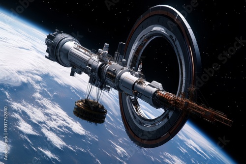 Fototapeta Naklejka Na Ścianę i Meble -  A futuristic space station being constructed by engineers, with massive robotic cranes and floating construction platforms in orbit around a planet