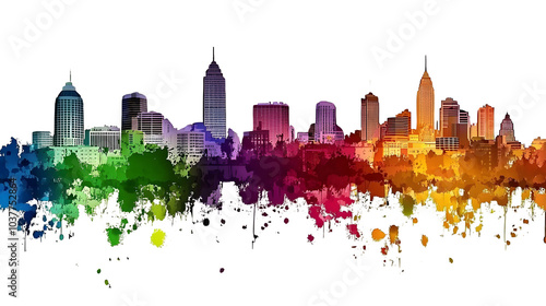 Vibrant City Skyline Silhouette with Color Splash, transparent bg