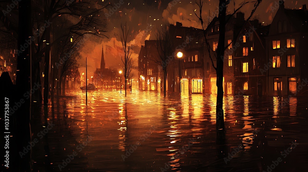 Obraz premium Nighttime scene of a flooded city with streetlights reflecting in the water