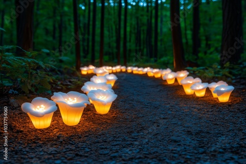 A magical woodland scene with glowing White Campion flowers, lighting the path with their soft, ethereal glow photo