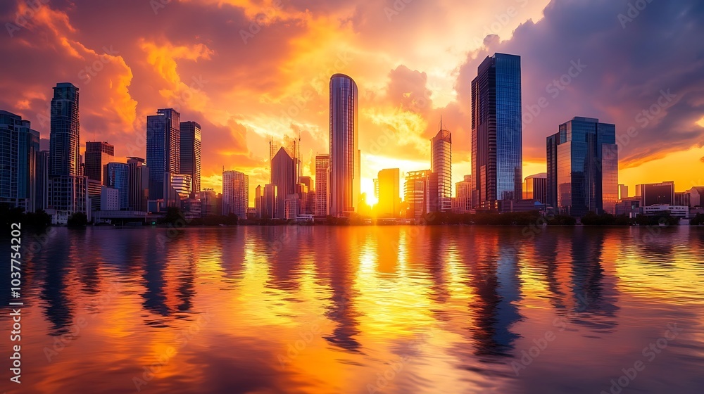 City skyline with reflections of buildings in the floodwater at sunset City skyline with reflections of buildings in the floodwater at sunset