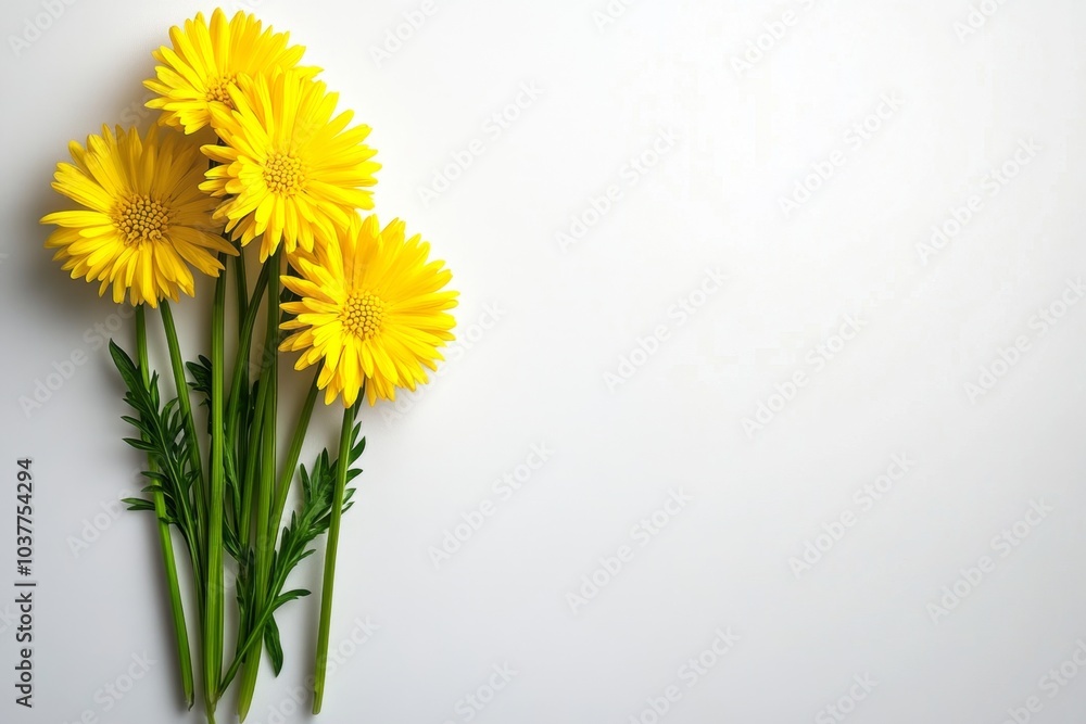Obraz premium A minimalist design of Barbarea (Winter Cress) flowers, with clean lines and simple yellow blossoms standing against a white background