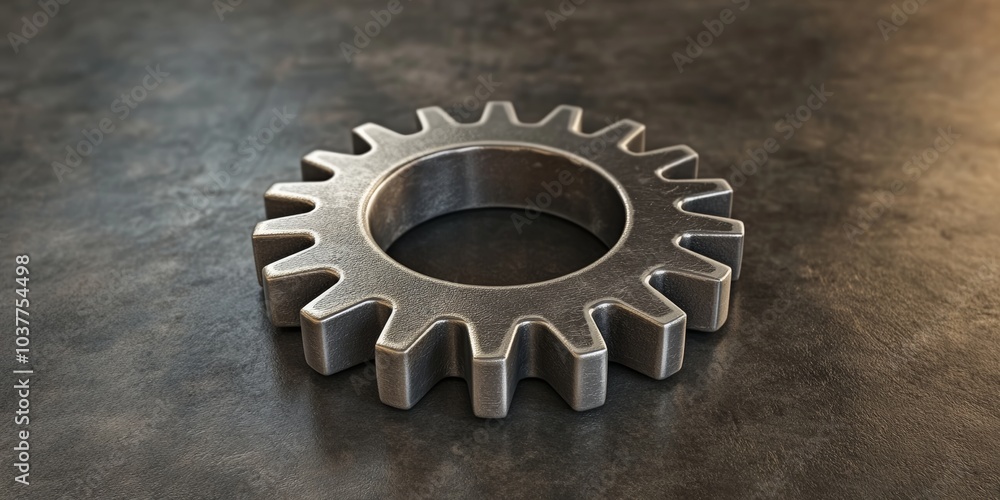3D representation of a gear, symbolizing automation and machinery, with a metallic finish against a minimalistic background, emphasizing engineering and technology 3D representation of a gear, symbolizing automation and machinery, with a metallic finish against a minimalistic background, emphasizing engineering and technology