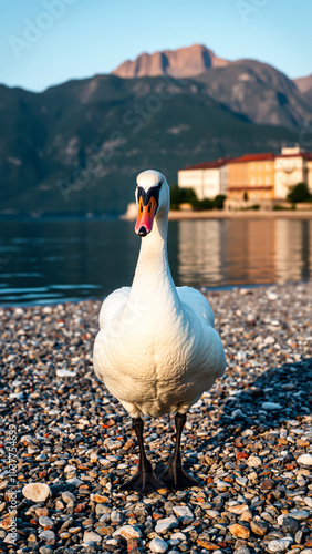 white swan stands on a pebble beach with misty mountains the distance photo