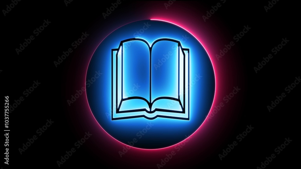 glowing neon Book in circle with black background glowing neon Book in circle with black background