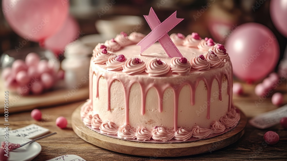 A pink-themed cake with decorative frosting and festive elements. A pink-themed cake with decorative frosting and festive elements.