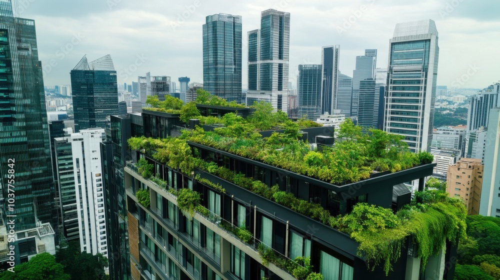 A rooftop garden in a high-rise building, Urban sustainability scene, Green style A rooftop garden in a high-rise building, Urban sustainability scene, Green style