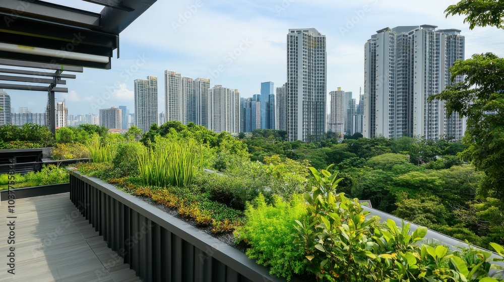 Fototapeta premium A rooftop garden in a high-rise building, Urban sustainability scene, Green style