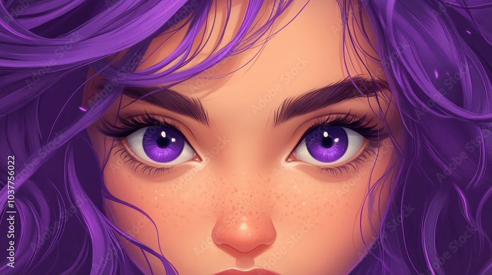 A vibrant cartoon captures a girl with mesmerizing amethyst eyes and flowing lavender waves, showcasing modern artistry. A vibrant cartoon captures a girl with mesmerizing amethyst eyes and flowing lavender waves, showcasing modern artistry.