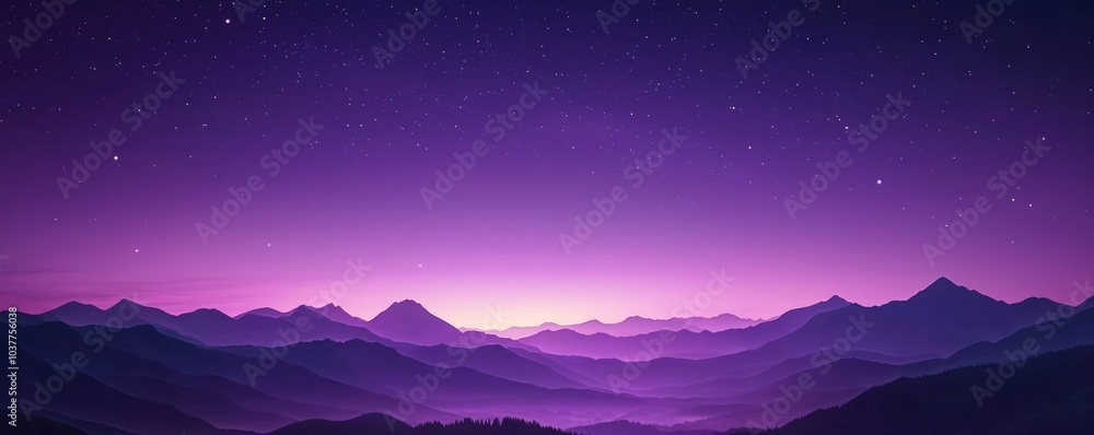 Purple gradient night sky with distant mountains, creating a serene and mystical nighttime landscape. Purple gradient night sky with distant mountains, creating a serene and mystical nighttime landscape.