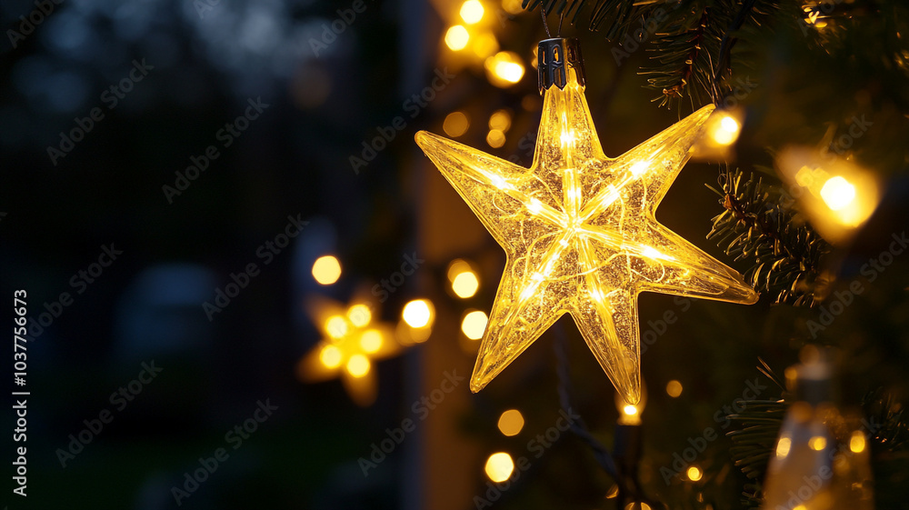 Twinkling star decoration shines brightly during Christmas celebration at dusk Twinkling star decoration shines brightly during Christmas celebration at dusk
