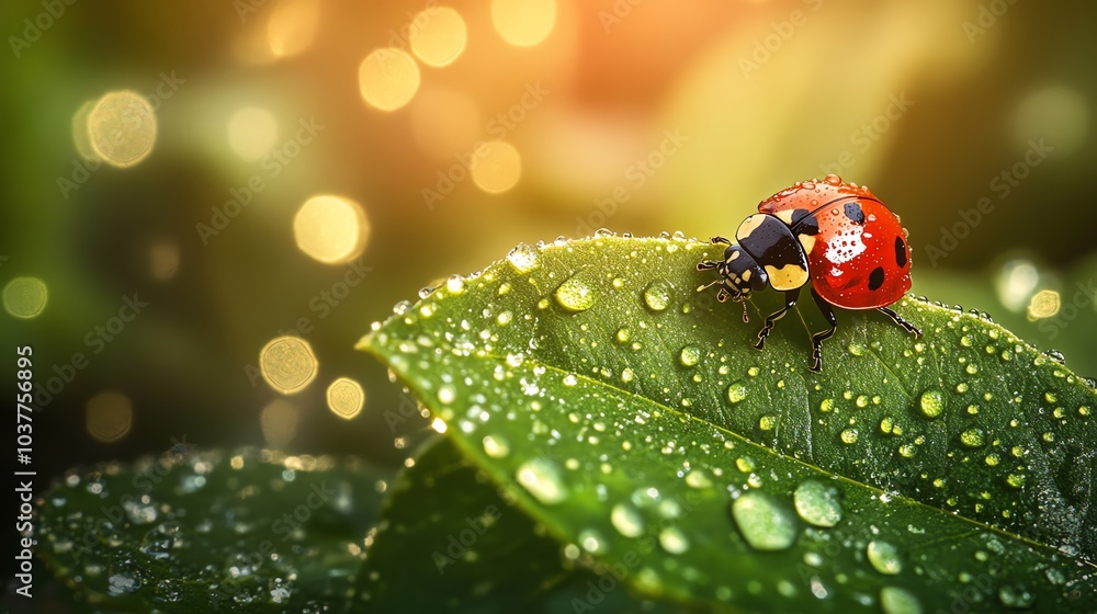 Ladybug on dewy leaf with bokeh background