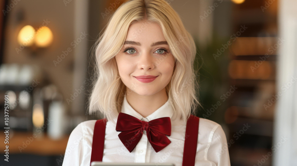 A cheerful barista with golden locks skillfully serves coffee while managing orders on her digital tablet at the caf. A cheerful barista with golden locks skillfully serves coffee while managing orders on her digital tablet at the caf.