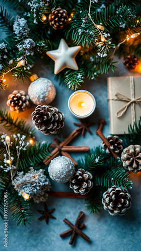 glowing candle with wintery elements