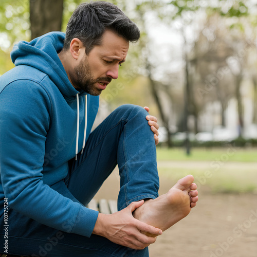 A man sitting on a bench, holding his foot in pain, possibly from a cramp or injury, grimacing in discomfort.