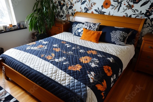 A vintage-inspired bedroom, with antique furniture, floral wallpaper, and a cozy quilted bedspread creating a nostalgic, comfortable vibe photo