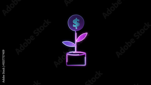  glowing neon dollar tree icon illustration with black background 