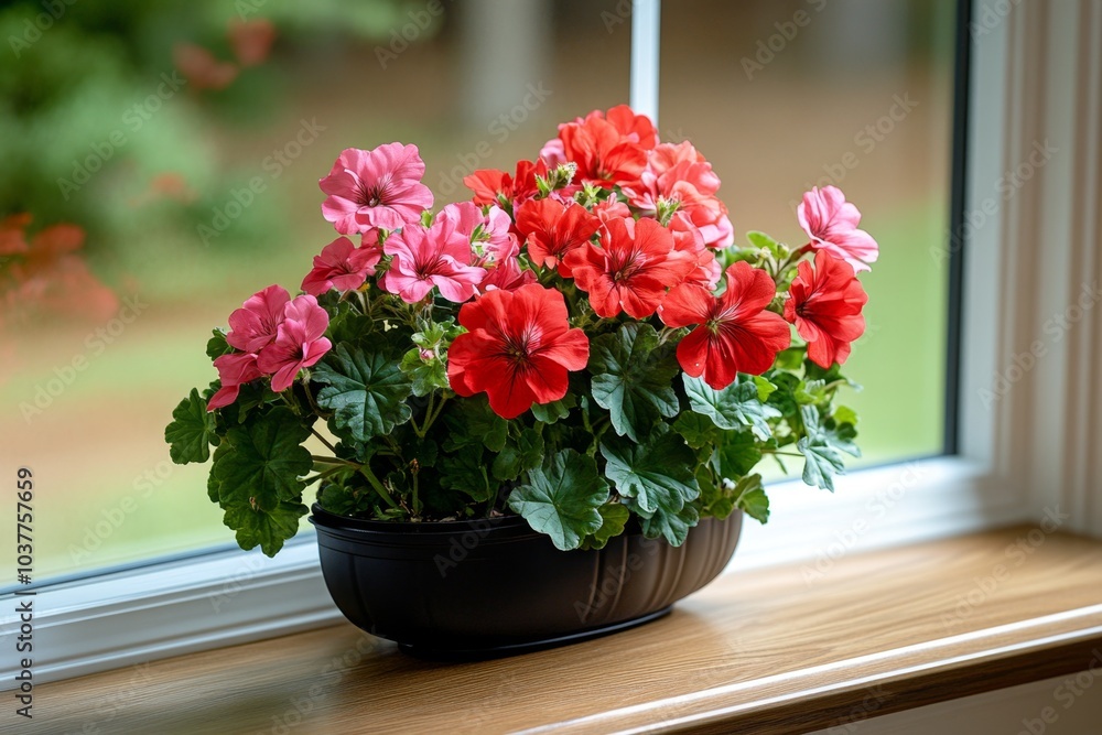 A window planter overflowing with colorful Geraniums, brightening the view with their bold red and pink petals A window planter overflowing with colorful Geraniums, brightening the view with their bold red and pink petals