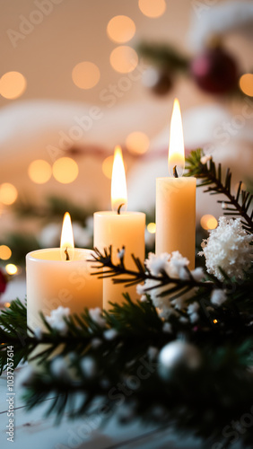 three white candles with evergreen branches