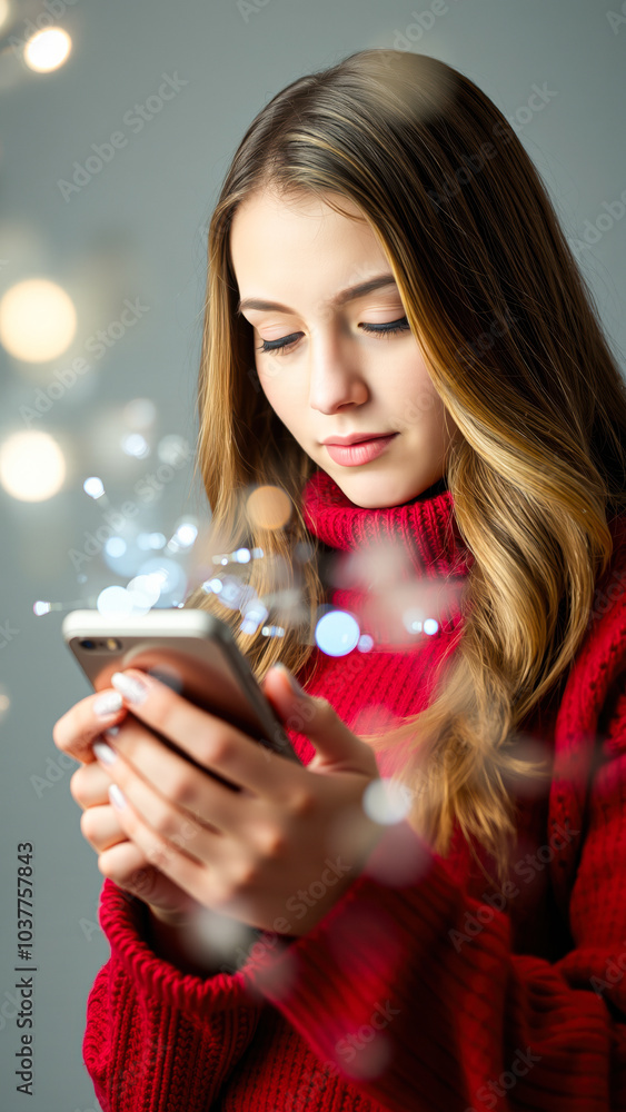 young woman a red sweater using a smartphone under soft lights young woman a red sweater using a smartphone under soft lights