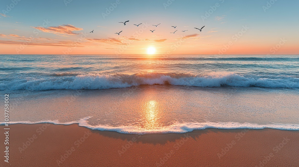 Experience serene dawn at a  beach where golden sunlit waves meet soft sand and playful seagulls.