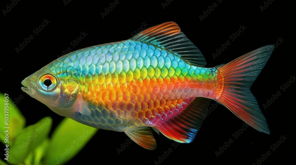 Brightly colored Boesemans rainbowfish glides through the clear waters of New Guinea, showcasing its vibrant hues. Brightly colored Boesemans rainbowfish glides through the clear waters of New Guinea, showcasing its vibrant hues.