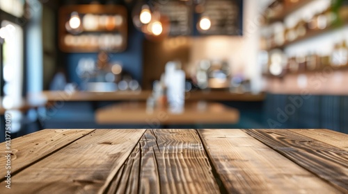 A cozy cafe scene with a blurred backdrop, showcasing a sleek wooden table inviting you to relax and unwind.