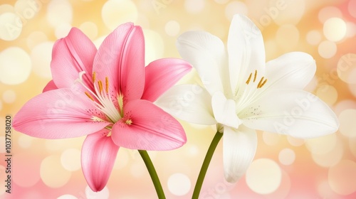 Delicate pink and white lilies create a serene vibe, glowing softly amid a blurred backdrop for a dreamy effect.