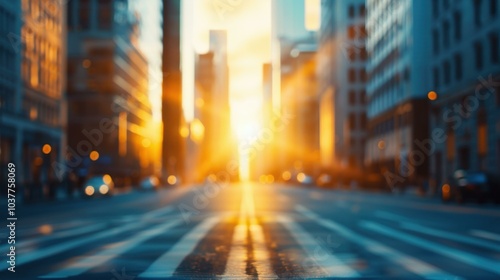 Experience the vibrant energy of urban life with a sunset backdrop painting the city in stunning orange and blue hues.