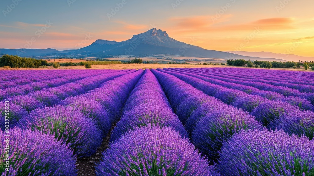 Obraz premium Experience the stunning lavender fields at sunset, as vibrant purple blooms contrast against a golden sky and mountains.