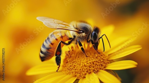 Stunning macro shot of a bee near a bright yellow flower, revealing intricate details of natures pollination process.