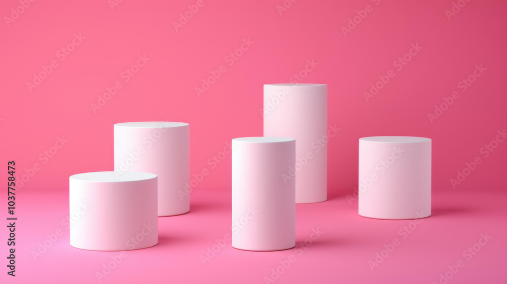 A clean set of white cosmetic containers resting on a soft pink backdrop, perfect for elegant branding mockups. A clean set of white cosmetic containers resting on a soft pink backdrop, perfect for elegant branding mockups.