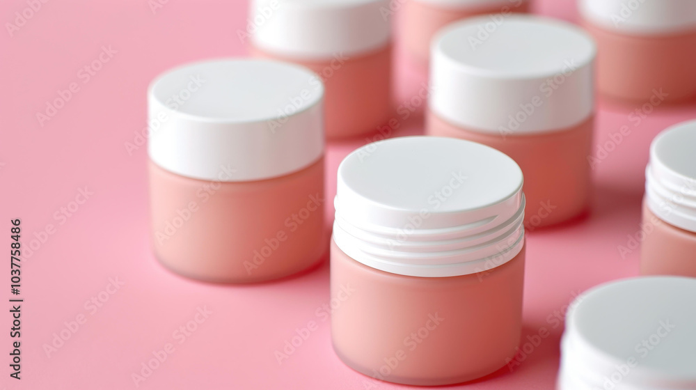 A clean set of white cosmetic containers resting on a soft pink backdrop, perfect for elegant branding mockups.