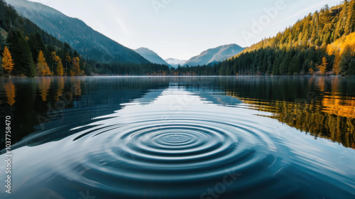 Fototapeta Naklejka Na Ścianę i Meble -  A tranquil lake with soft ripples, sunlight glistening on the surface, framed by lush green hills.