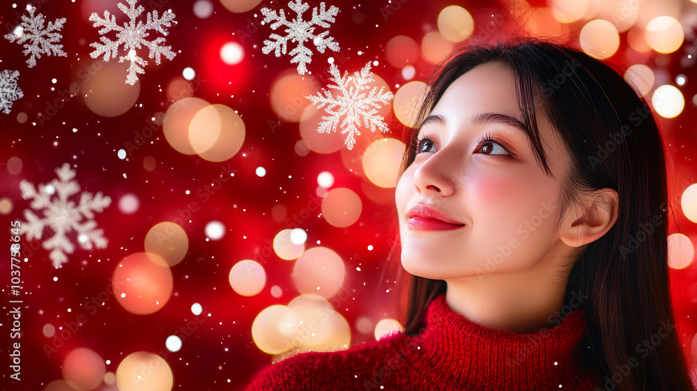 A woman enjoying the festive atmosphere with snowflakes on Christmas day A woman enjoying the festive atmosphere with snowflakes on Christmas day