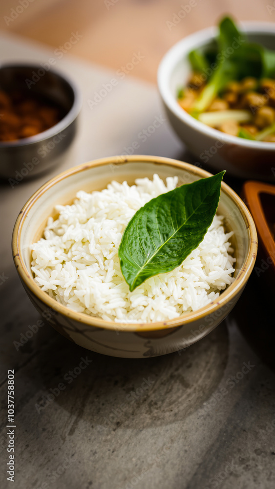 bowl white rice with a green leaf bowl white rice with a green leaf