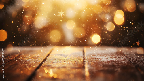 Sparkling Christmas day with falling snowflakes and warm bokeh lights in a cozy setting