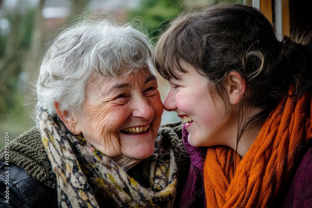 The emotional bond between an older woman and her daughter showcased in a candid moment of laughter, emphasizing familial connections and love. The emotional bond between an older woman and her daughter showcased in a candid moment of laughter, emphasizing familial connections and love.