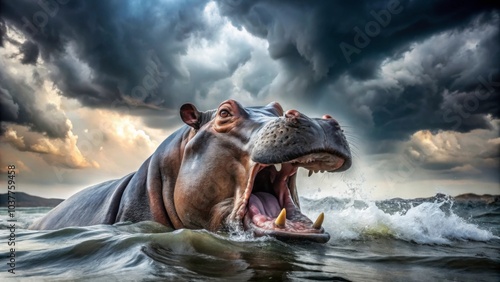 Intense and dramatic scene of a large hippo in choppy water with its mouth open under a stormy sky , hippo, water, open mouth