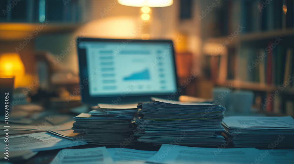 cluttered desk with financial reports and laptop cluttered desk with financial reports and laptop