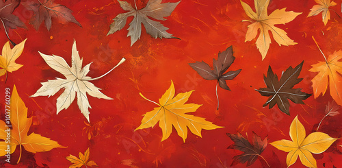 A vibrant autumn scene featuring colorful leaves scattered on a red background. Thanksgiving background images and wallpaper.