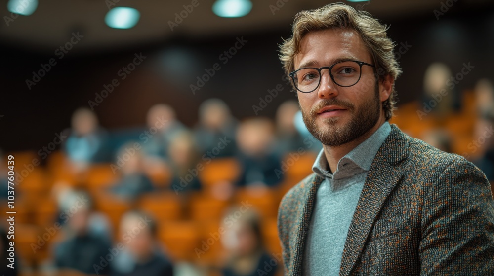 A man in a lecture hall, engaging with the audience. A man in a lecture hall, engaging with the audience.