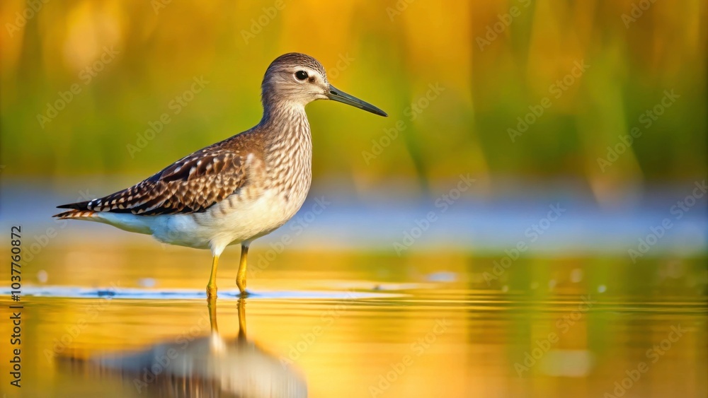 Obraz premium Wood sandpiper bird standing in shallow water, wood sandpiper, wading, water, bird, wildlife, nature, wetland, feathers