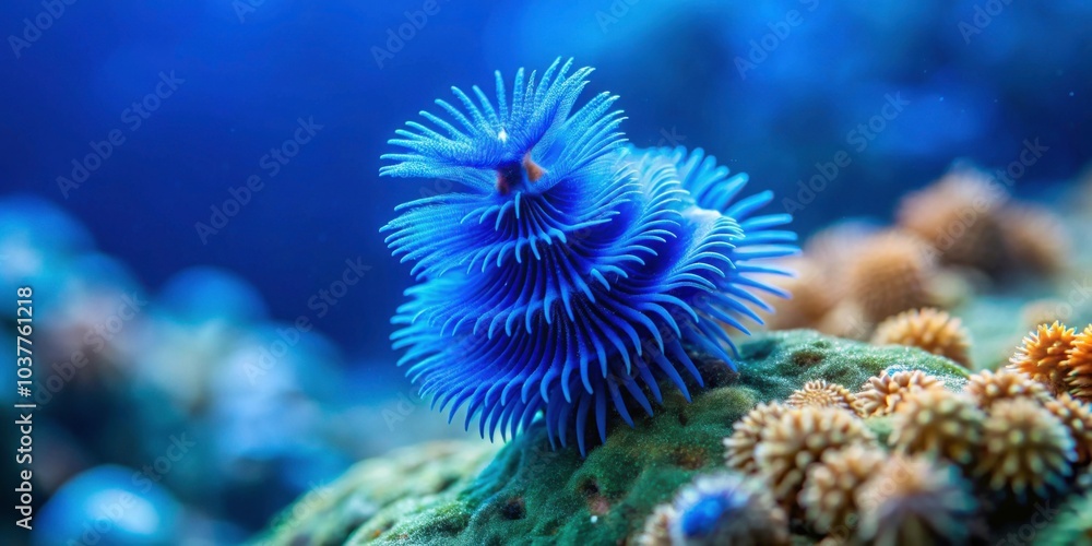 Obraz premium Blue Christmas tree worm on rock in turquoise ocean depth, Blue, Christmas tree worm, rock, turquoise, ocean, depth