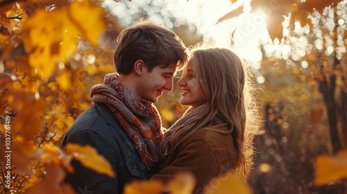 Beautiful couple together in park on autumn day, wife and husband enjoying happy life moments