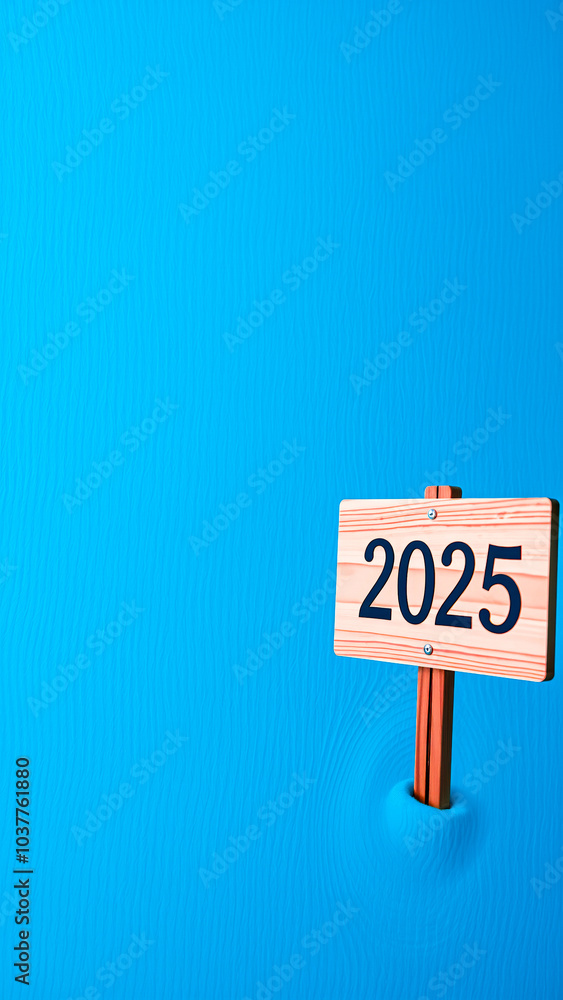 wooden signpost with the year 2025 on a blue textured surface wooden signpost with the year 2025 on a blue textured surface