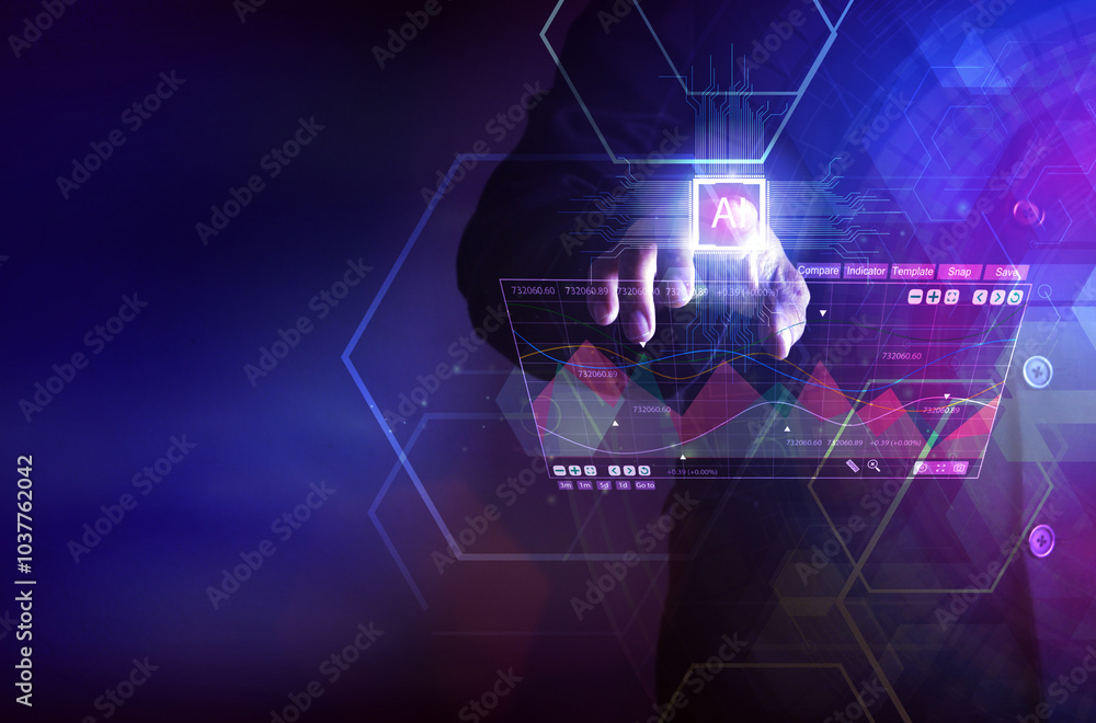 The concept of artificial intelligence technology. Business man work together with artificial intelligence technology to help analysis information through the Internet with maximum efficiency The concept of artificial intelligence technology. Business man work together with artificial intelligence technology to help analysis information through the Internet with maximum efficiency