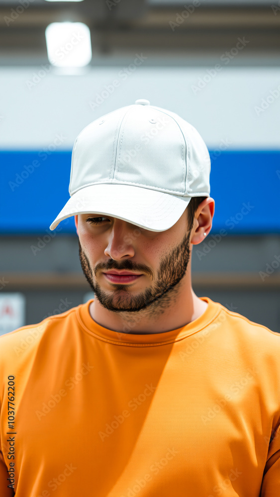 young man a white cap an shirt looks down thoughtfully young man a white cap an shirt looks down thoughtfully